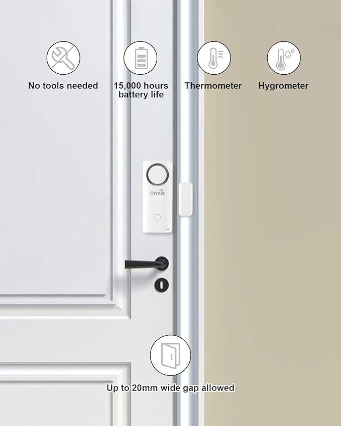 Onvis 4-in-1 Wireless Door Window Contact Sensor for Alarm System and Smart Home Automation ,Thermometer, Hygrometer, Only Works with Apple HomeKit (Thread) -Need to Upgrade The Firmware to 1.6.6