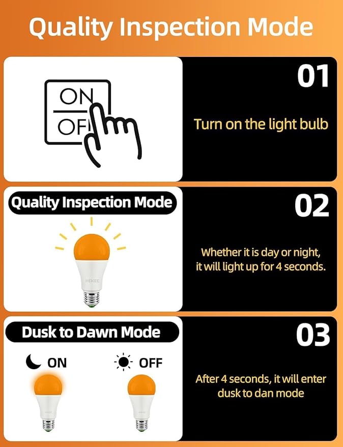 HEKEE Dusk to Dawn Light Bulbs A19 8W 900 Lumens, Outdoor Porch Lights, 60 Watt Equivalent, Amber LED Orange-Yellow Sensor Bulb, Security Bulb(Auto On/Off), E26 Screw Base(4 Pack)