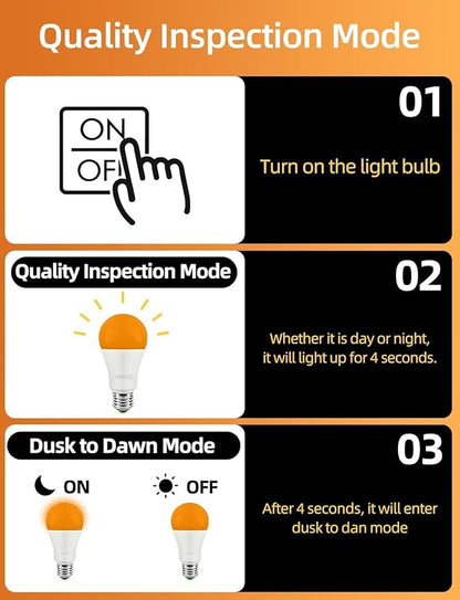 HEKEE Dusk to Dawn Light Bulbs A19 8W 900 Lumens, Outdoor Porch Lights, 60 Watt Equivalent, Amber LED Orange-Yellow Sensor Bulb, Security Bulb(Auto On/Off), E26 Screw Base(4 Pack)