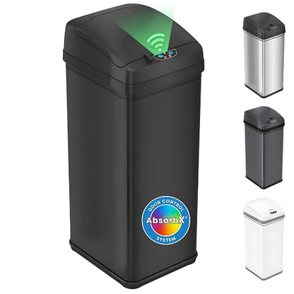 iTouchless 13 Gallon Sensor Trash Can with Lid, Pet Lock & Odor Filter, Patented 50L Automatic Motion Sensor Kitchen Garbage Can Luxury Fingerprint-Proof Stainless Steel Rectangular Wastebasket, Black