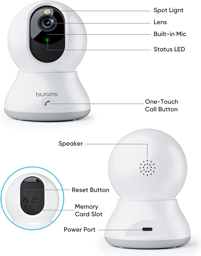 blurams 4MP Cameras for Home Security, 360° PTZ Pet Indoor Camera with Phone App, One-Touch Call, Dual-Band WiFi 6, Free Human/Pet/Motion/Sound/Cry Detection, Compatible with Alexa