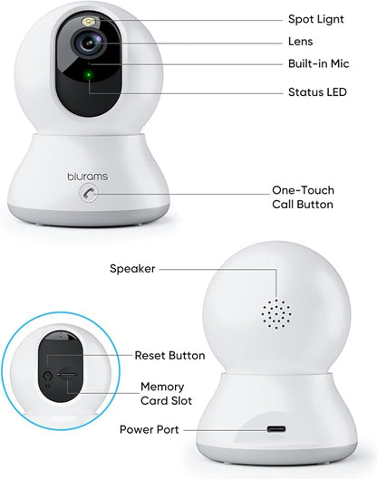 blurams 4MP Cameras for Home Security, 360° PTZ Pet Indoor Camera with Phone App, One-Touch Call, Dual-Band WiFi 6, Free Human/Pet/Motion/Sound/Cry Detection, Compatible with Alexa