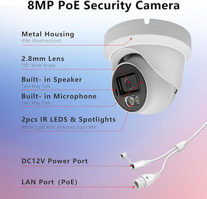8MP 4K PoE IP Security Dome Camera Outdoor, Full Color Turret IP Camera with Smart Dual Light, Two Way Talk, SD Card Slot, 98ft Night Vision, 110°Wide Angle, Human/Vehicle Detection