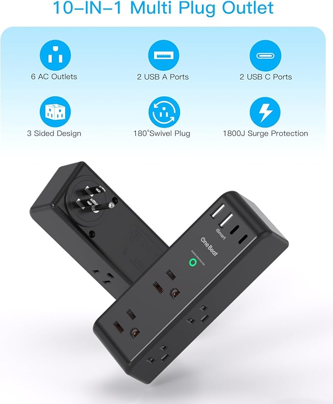 Surge Protector Outlet Extender with Rotating Plug, 6 AC Multi Plug Outlet with 4 USB Ports (2 USB C), 1800 Joules, 3-Sided Swivel Power Adapter with Spaced Outlet Splitter for Dorm, Office, Black