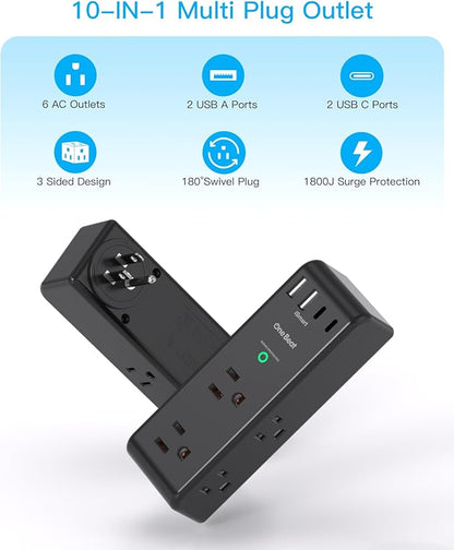Surge Protector Outlet Extender with Rotating Plug, 6 AC Multi Plug Outlet with 4 USB Ports (2 USB C), 1800 Joules, 3-Sided Swivel Power Adapter with Spaced Outlet Splitter for Dorm, Office, Black