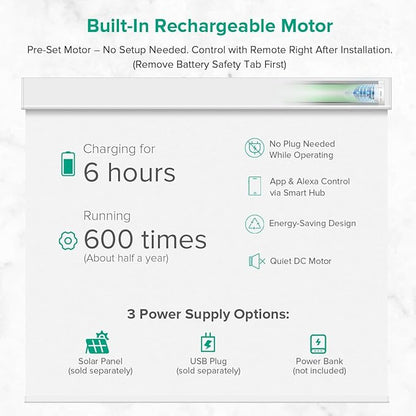 Motorized Roller Shades, 10O% Blackout Waterproof Remote Control Custom Window Shades Work with Alexa Google Assistant via RF Hub, Rechargeable Electric Blinds for Windows (Vinyl White)