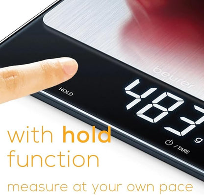 Beurer KS34 Digital Kitchen Scale - Precise Scale for Food Ounces and Grams, 33lbs Capacity, XL Weighing Platform for Meal Prep, Magic Display, Tare Function - Batteries Included - Black Glass