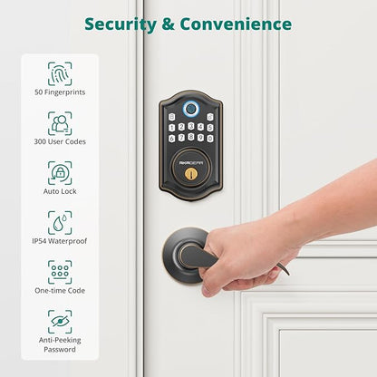 AkaGear DS10 Keyless Entry Door Lock with 2 Lever Handle, Fingerprint, Keypad Code, 2 Keys, Smart Locks for Front Door, Bedroom, One-time Code, Auto-Lock, Easy Installation - Oil Rubbed Bronze