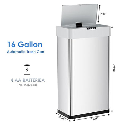 Sensor Trash Can, Touchless Motion Sensor Trash Bin, Smart Automatic Garbage Can with Soft-Close Lid, Bag Retainer Ring and Display Light,for Kitchen,Living Room Office (Silver, 16 Gal)