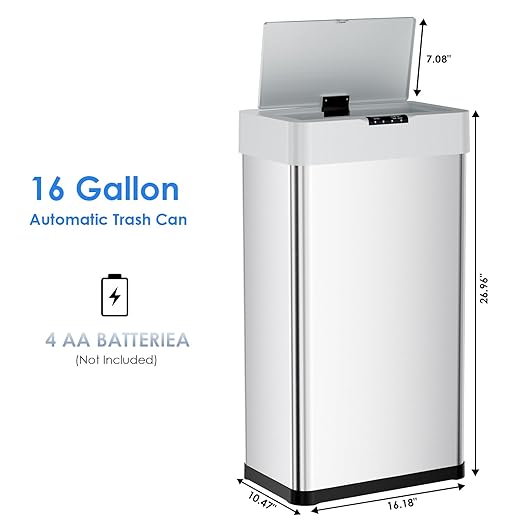 Sensor Trash Can, Touchless Motion Sensor Trash Bin, Smart Automatic Garbage Can with Soft-Close Lid, Bag Retainer Ring and Display Light,for Kitchen,Living Room Office (Silver, 16 Gal)