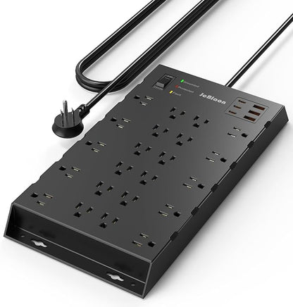 22 Outlets & 6 USB Big Power Strip, Jcblaon Surge Protector with 3USB C & 3USB A Charging Ports, 6.5ft Flat Plug Heavy Duty Extension Cord(1875W/15A)，2100J, 14AWG,Wall Mountable for Garden,Shed, Black