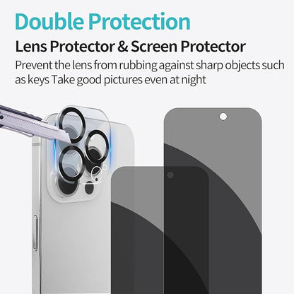 PEHAEL 2+2 Pack for iPhone 15 Pro Max Privacy Screen Protector with Camera Lens Protector Full Coverage Anti-Spy Tempered Glass Film 9H Hardness Easy Installation Bubble Free [6.7 inch]