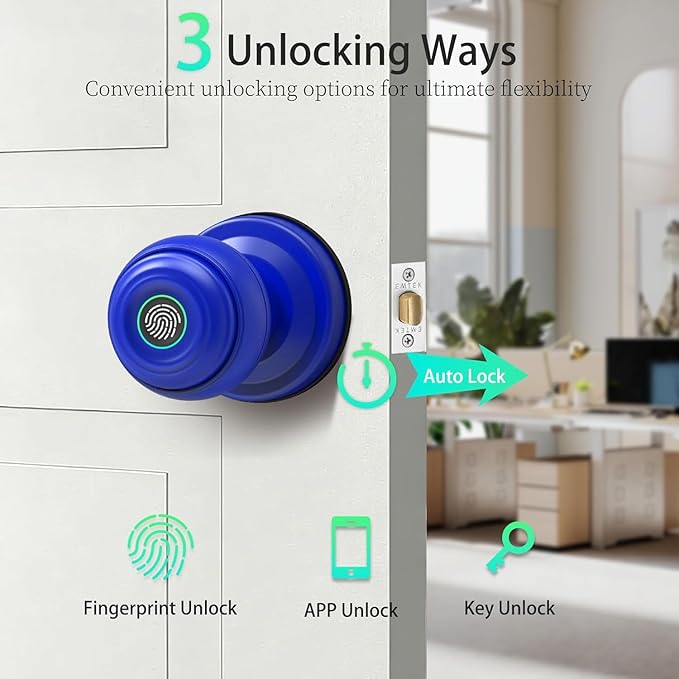 UMIKSMART Fingerprint Door Knob Lock, Smart Keyless Entry Door Knob with Tuya App Control & Auto-Lock, Backup Key, Easy Install for Home, Apartment, Office, Blue