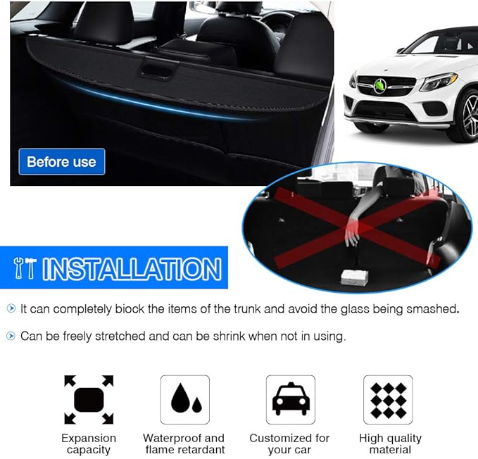Powerty Retractable Cargo Cover for Mercedes Benz GLE 2016-2019/ Benz ML Series ML350 2012-2015, Canvas Texture Trunk Cover Privacy Screen Rear Security Shade for Benz Accessories(NOT for GLE 43 AMG)
