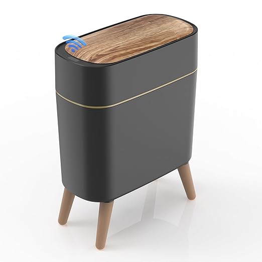 suyika Automatic Trash Can, 2.6 Gallon/10L Bathroom Trash Can with Lid - Wood Grain Lid and Legs, Touchless Waterproof Garbage Bin for Bedroom, Bathroom, Office, Living Room