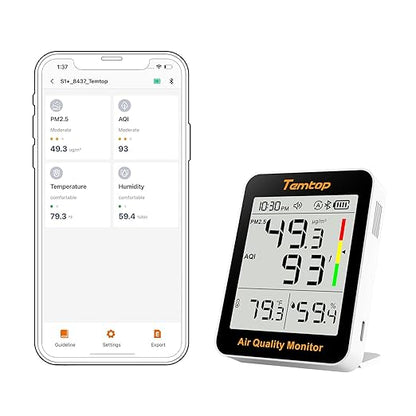 Temtop Smart Air Quality Monitor with Indoor Thermometer & Thermo-Hygrometer – PM2.5, AQI, Temperature and Humidity Detector for Home, Office, Nursery, School, App Connectivity, 60-Day Battery Life