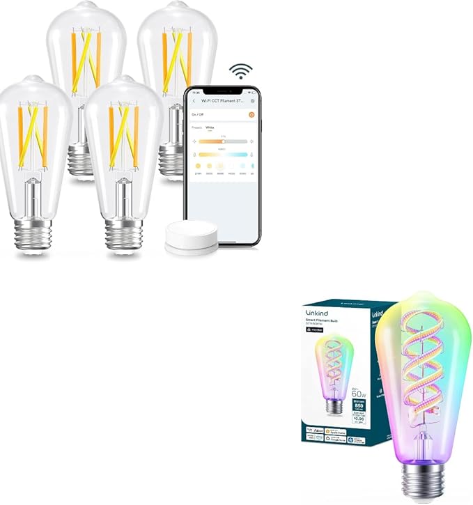 Linkind E26 Smart Edison Bulbs 4 Pack with Remote+ Matter Smart Bulbs, ST19/ST58 Led Bulb Compatible with Alexa