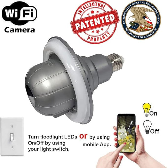 WiFi Floodlight Bulb Camera Home Security System Wireless Outdoor Waterproof Remote Control Camera Night Vision 1080p E26 LED Floodlight Cam (32GB, Single Camera Model)