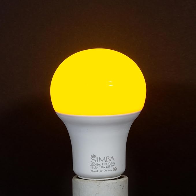 Simba Lighting Bug Non-Attracting Yellow LED Bulb 6W 40W Equivalent, Great for Outdoor Porch Light, Night Light, Dusk-to-Dawn Smart Sensor Auto On/Off, Amber Warm Light, A19 E26 Medium Base, Pack of 2