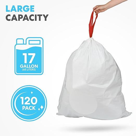 Simpli-Magic 17 Gallon Drawstring Trash Bags, Code C, 120 Pack – Tall Kitchen Garbage Bags, Custom Made with Premium Materials (White)