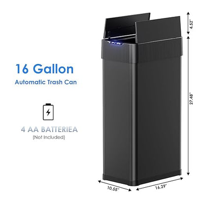 Automatic Trash Can,16 Gallon Touchless Motion Sensor Trash Bin, Smart Garbage Can with Soft-Close Lid, Bag Retainer Ring and Display Light,for Kitchen,Living Room Office (Black, 60L)