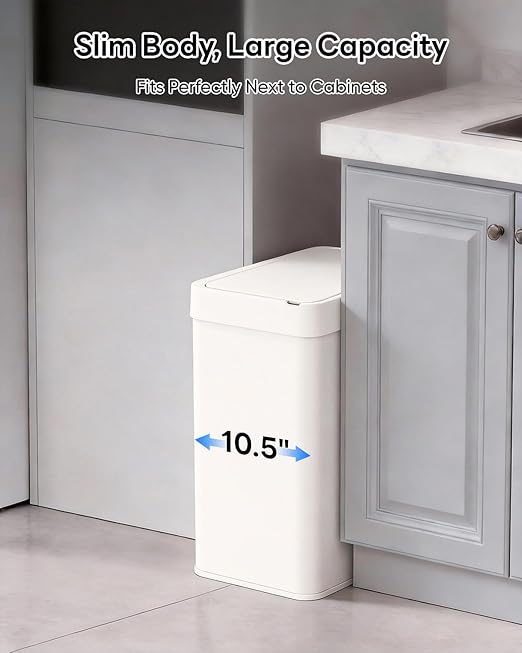 13 Gallon / 50L Touchless Automatic Trash Can, Slim Motion Sensor Kitchen Garbage Can, Stainless Steel, Soft Close Lid, Fingerprint Resistant, Hands-Free, Odor Control, White