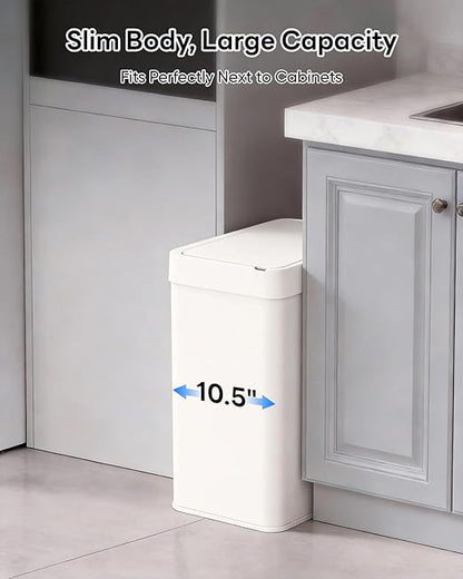 13 Gallon / 50L Touchless Automatic Trash Can, Slim Motion Sensor Kitchen Garbage Can, Stainless Steel, Soft Close Lid, Fingerprint Resistant, Hands-Free, Odor Control, White