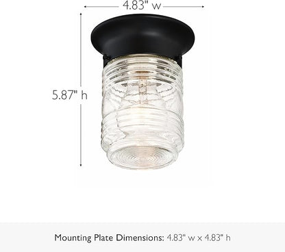 Design House Jelly Jar Indoor Outdoor Flush Mount Ceiling Light, Matte Black, 5.9 in H x 4.8 in Dia, Damp Rated, Dimmable, Uses 1 E26 Bulb, Ribbed Clear Glass, Weather-Resistant Steel, 587220
