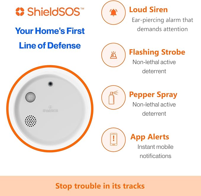 Smart Home Defense System, 3-in-1 Active Deterrent: Pepper Spray, 110dB Siren and Strobe Lights | Wi-Fi and Bluetooth Capability | IP65 Weatherproof | Indoor and Outdoor (White)