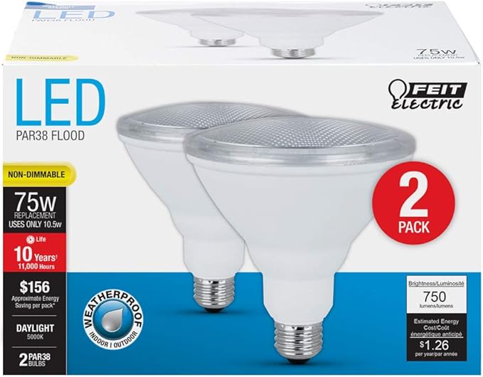Feit Electric PAR38 LED Bulbs, 75W Equivalent, Non Dimmable, LED Flood Light Bulbs, 10 Year Life, 750 Lumens, 5000k Daylight, E26 Base, Damp Rated, 2 Pack, PAR3875/850/10KLED/2