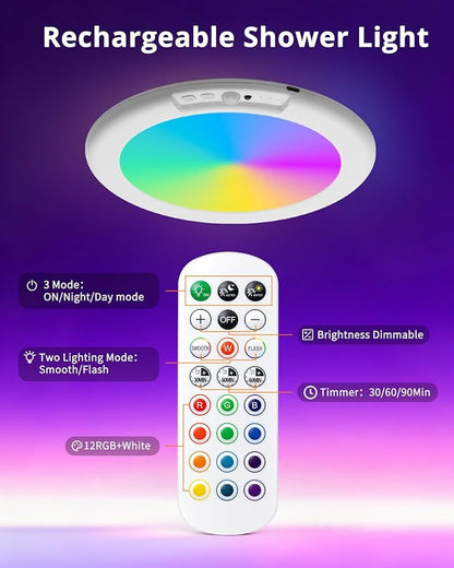 wowatt Rechargeable Shower Light with Remote, RGB Colors Changing & White Light for Shower, Shower Lights for Inside Shower with Motion Sensor, IP44 Waterproof Lights for Shower Closet Bedroom