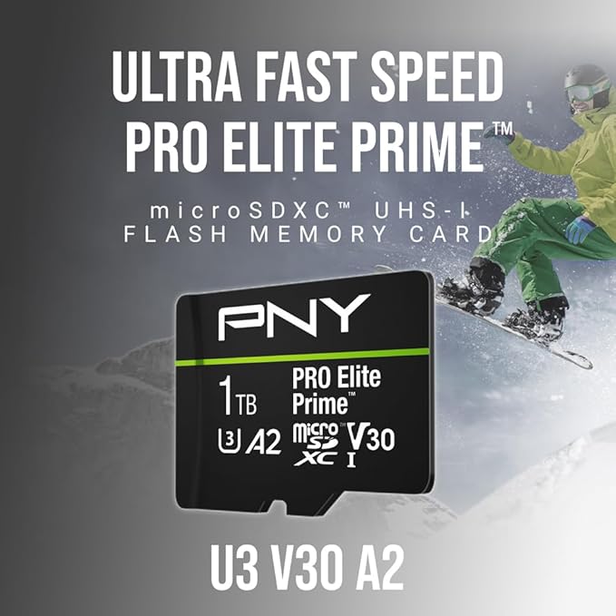 PNY 1TB PRO Elite Prime™ C10 U3 V30 A2 microSDXC Flash Memory Card – Ultra-Fast Speeds, Read 200MB/s, Write 150MB/s, 4K UHD, Full HD, UHS-I, for Smartphones, Drones, Action Cameras