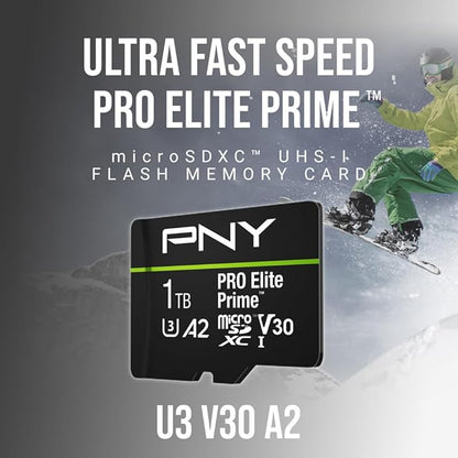 PNY 1TB PRO Elite Prime™ C10 U3 V30 A2 microSDXC Flash Memory Card – Ultra-Fast Speeds, Read 200MB/s, Write 150MB/s, 4K UHD, Full HD, UHS-I, for Smartphones, Drones, Action Cameras
