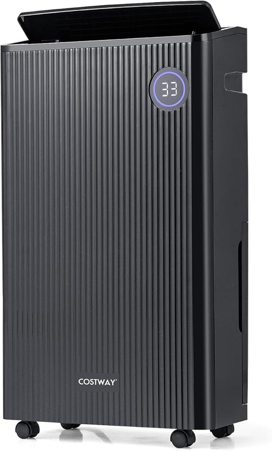 COSTWAY 4,500 Sq. Ft Dehumidifier for Basement, 3-Color Humidity Indicator, Dry Clothes Mode, 12" Drain Hose & Wheels, 57 Pints Dehumidifier for Large Room (Black)