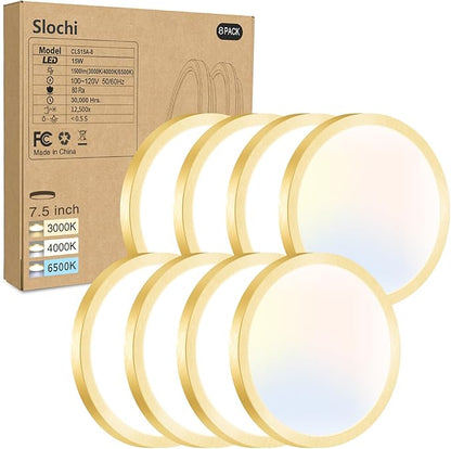slochi 8PACK LED Flush Mount Ceiling Light Fixture, 3000K-4000K-6500K & 100W Equivalent Modern Kitchen Recessed Ceiling Lamp 15W 1500Lm 7.5 Inch Closet Round Surface for Bathroom Laundry Hallway-Gold