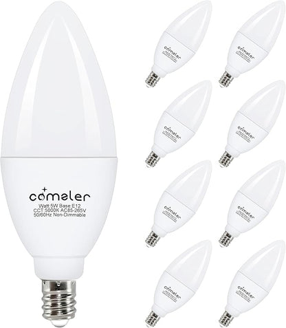 comzler E12 LED Candelabra Bulb, 60 Watt Equivalent Ceiling Fan Light Bulbs, Daylight 5000K LED Chandelier Light Bulbs, Candle Bulb Small Base for Chandelier, Non Dimmable, Pack of 8