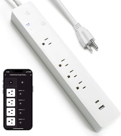 Geeni Smart Surge Protector Power Strip with 4 Smart Outlets, 2 USB Ports (USB-A & USB-C), Surge Protection, Wi-Fi & App Control, Works with Alexa & Google Assistant, Smart Power Strip