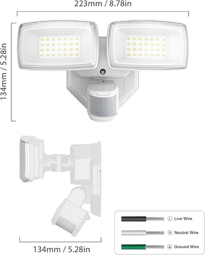 Onforu 32W 2 Head Motion Sensor Outdoor Lights, 3200LM 6500K LED Security Light Hardwired, Dusk to Dawn, Motion Detector Light for Outside, IP65 Waterproof Flood Lights for Garage, Yard(White)