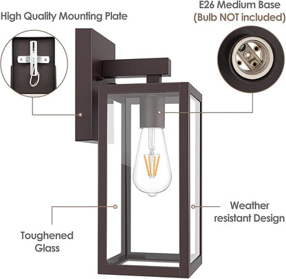 MAXvolador Outdoor Wall Sconce, Exterior Waterproof Wall Lantern Light Fixture, Dark Chocolate Porch Light Glass, Anti-Rust E26 Patio Lighting, 2 Pack