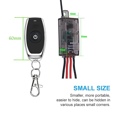 Mini Remote Control Switch,DC 5V/12V/24V/ 5A Relay Wireless ON/Off Switches with164ft Long Range,Micro RF Switch for Car,Motor,Lamps,LED Lights,Fans