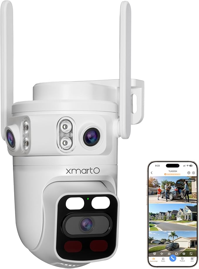 xmartO 6MP Tri-Lens WiFi Security Camera, 360° Pan Tilt AI Auto Tracking, 3 Live Views, Long Range Wireless, Plug-in 24/7 Home Surveillance, Local Storage & Mobile Remote View