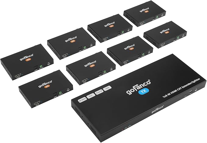 gofanco 4K60Hz 1x8 HDMI Extender Splitter Over CAT6/7 Ethernet Cable – Up to 197ft at 4K 60Hz/295ft at 1080p, HDR, HDCP 2.2, Dual IR, PoC, EDID, Loopout, 5.1-ch Audio, Audio Extraction (HD20Ext-8Pv2)