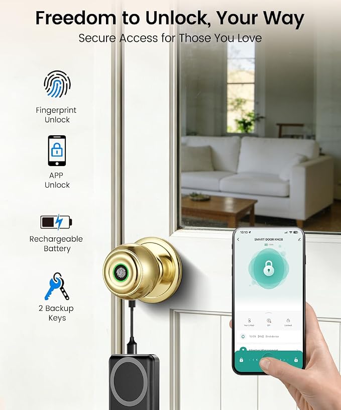Smart Door Knob with Lock,Keyless Entry Fingerprint Door Lock,Bright Brass | Smart Lock with Auto-Lock , App, Key, Fingerprint Door Locks for Front Door, Garage, Apartment, Hotel, Interior, Exterior