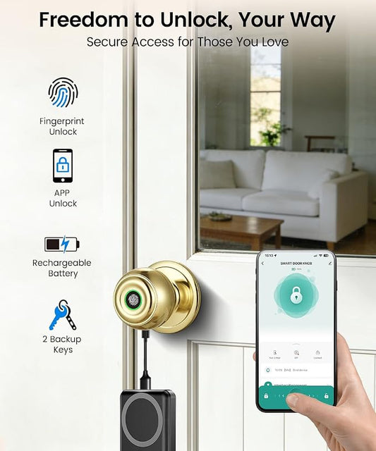 Smart Door Knob with Lock,Keyless Entry Fingerprint Door Lock,Bright Brass | Smart Lock with Auto-Lock , App, Key, Fingerprint Door Locks for Front Door, Garage, Apartment, Hotel, Interior, Exterior