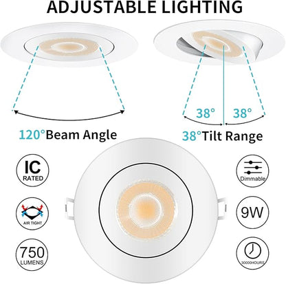 KnLnny Ware Gimbal Recessed Lights 4 Inch with Night Light, Eyeball recessed Lighting with Junction Box,9W 750LM Dimmable ETL Listed, Airtight, 5CCT Selectable