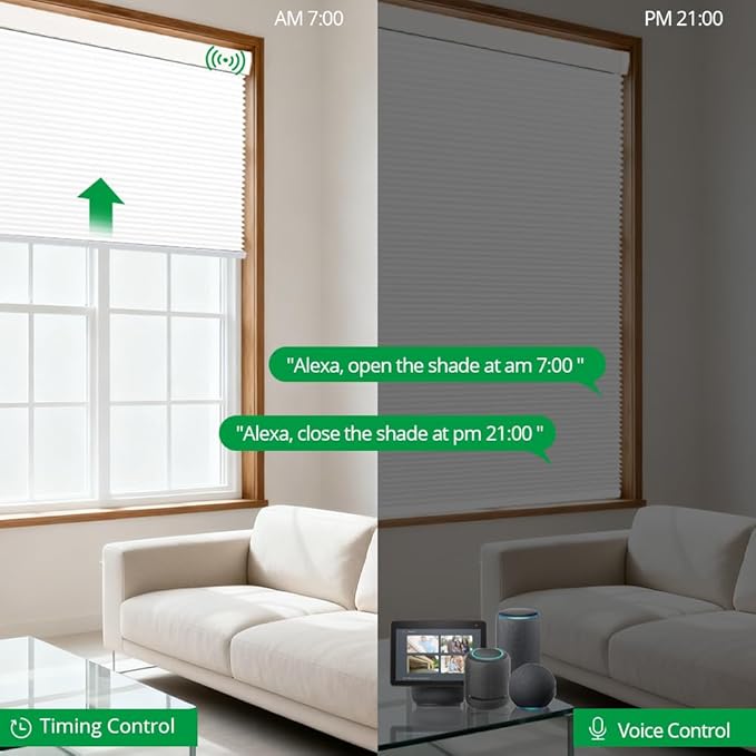 Motorized Cellular Shades with Remote Blackout Honeycomb Smart Blinds Options for Indoor Windows, Remote/Alexa/Matter Compatible, Easy DIY Installation (White)