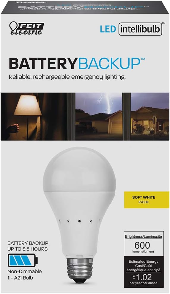 Feit Electric IntelliBulb – Battery Backup LED Bulb, Soft White 40W Equiv A21 (A800/827/BAT/LEDI)