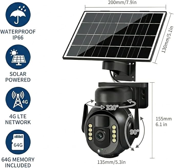 4K 8MP 4G LTE Cellular Security Camera, Outdoor Wireless Camera with Integrated SIM, Night Vision, Two-Way Audio, PIR Motion Detection, IP66 Weatherproof, SD Card Playback.