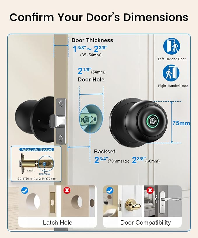 Smart Door Knob with Lock, Keyless Entry Fingerprint Door Lock, Dark Black | Smart Lock with Auto-Lock , App, Key, Fingerprint Door Locks for Front Door, Garage, Apartment, Hotel, Interior, Exterior