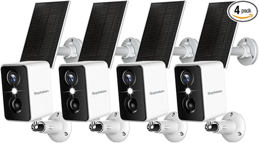 Septekon 2K Security Cameras Wireless Outdoor 4 Pack, Solar Battery Powered Camera with Two Spotlights, PIR Motion Detection Siren, Color Night Vision, 2-Way Audio, IP66 Waterpoof